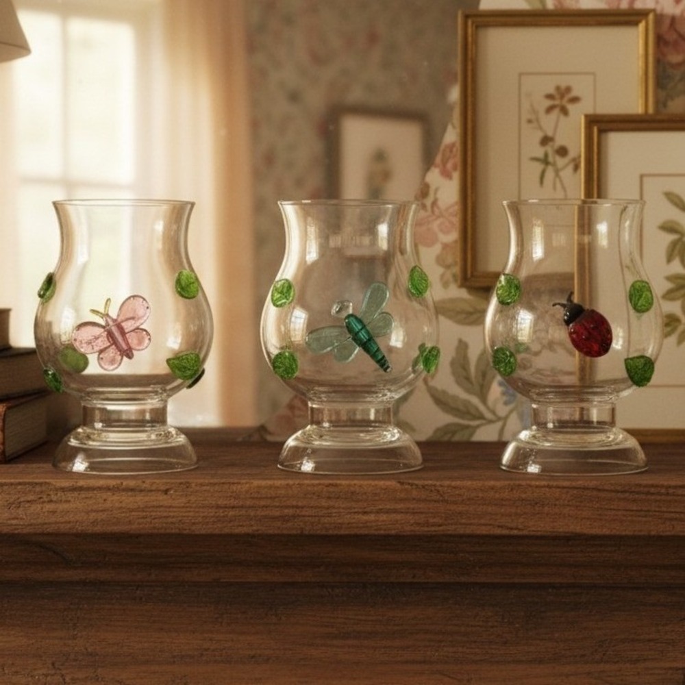 Home Accents Hurricane Lamps, Set of 3 Butterfly Ladybug Dragonfly Design Votive